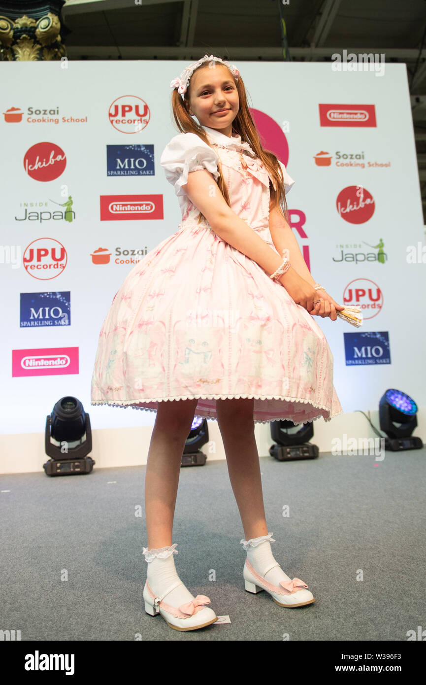 London, UK. 13th July, 2019.Hyper J-Style Collection Fashion Show at Hyper  Japan Festival 2019 - Day 2 features shopping, entertainment, cosplay,  fashion and food from Japan on 13 July 2019, Olympia London,