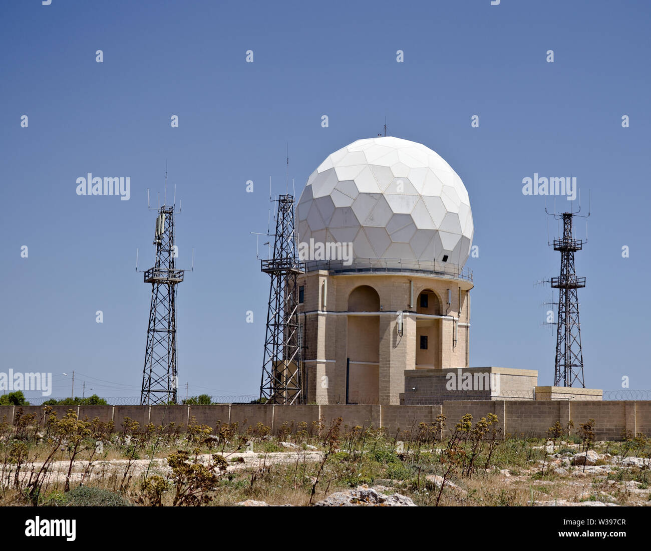 sphere radar against blue sky located at Dingli Cliffs. Malta Stock ...