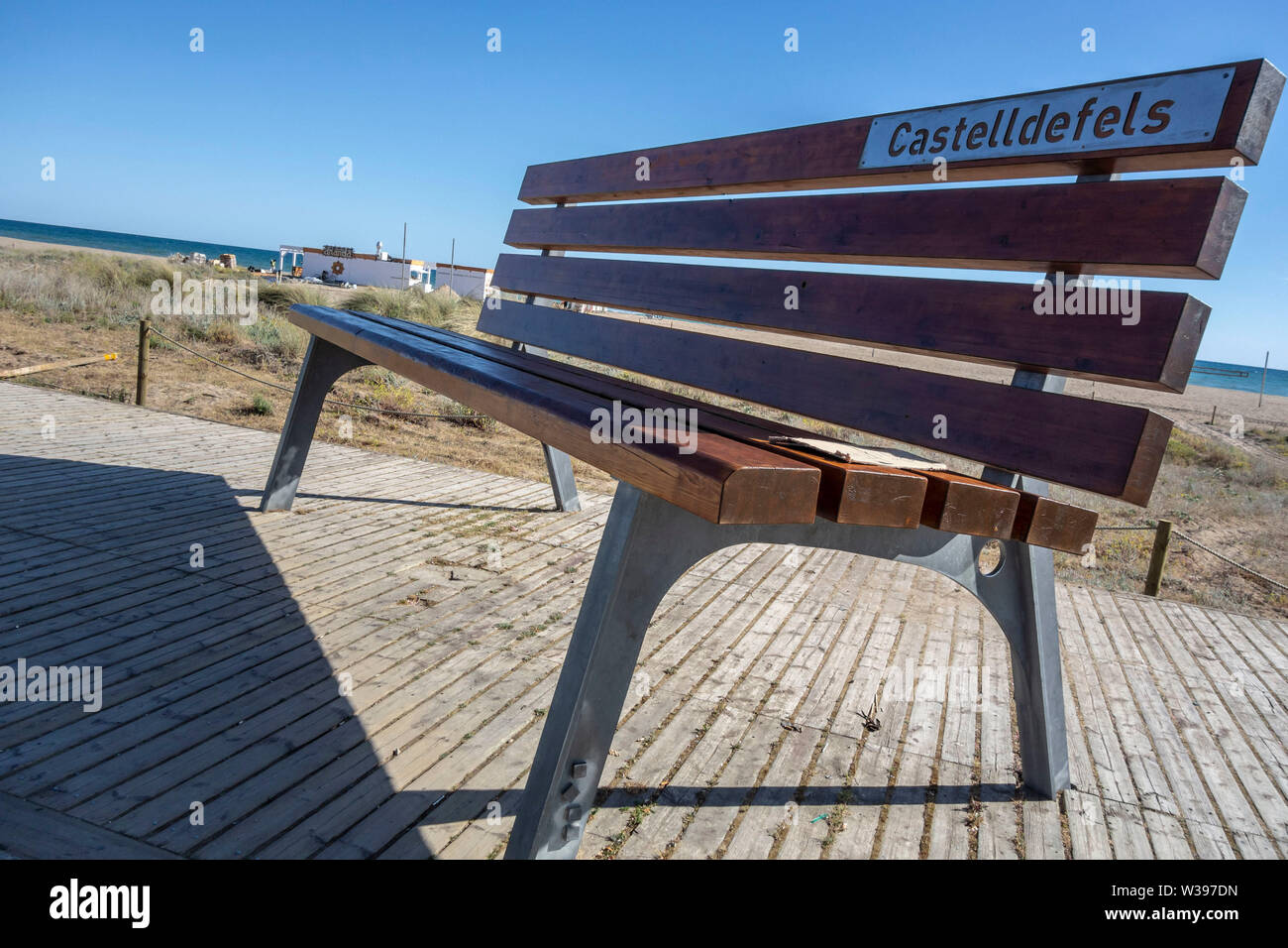 Castelldefels,Spain.Huge bench seat in maritime promenade of Castelldefels. Stock Photo