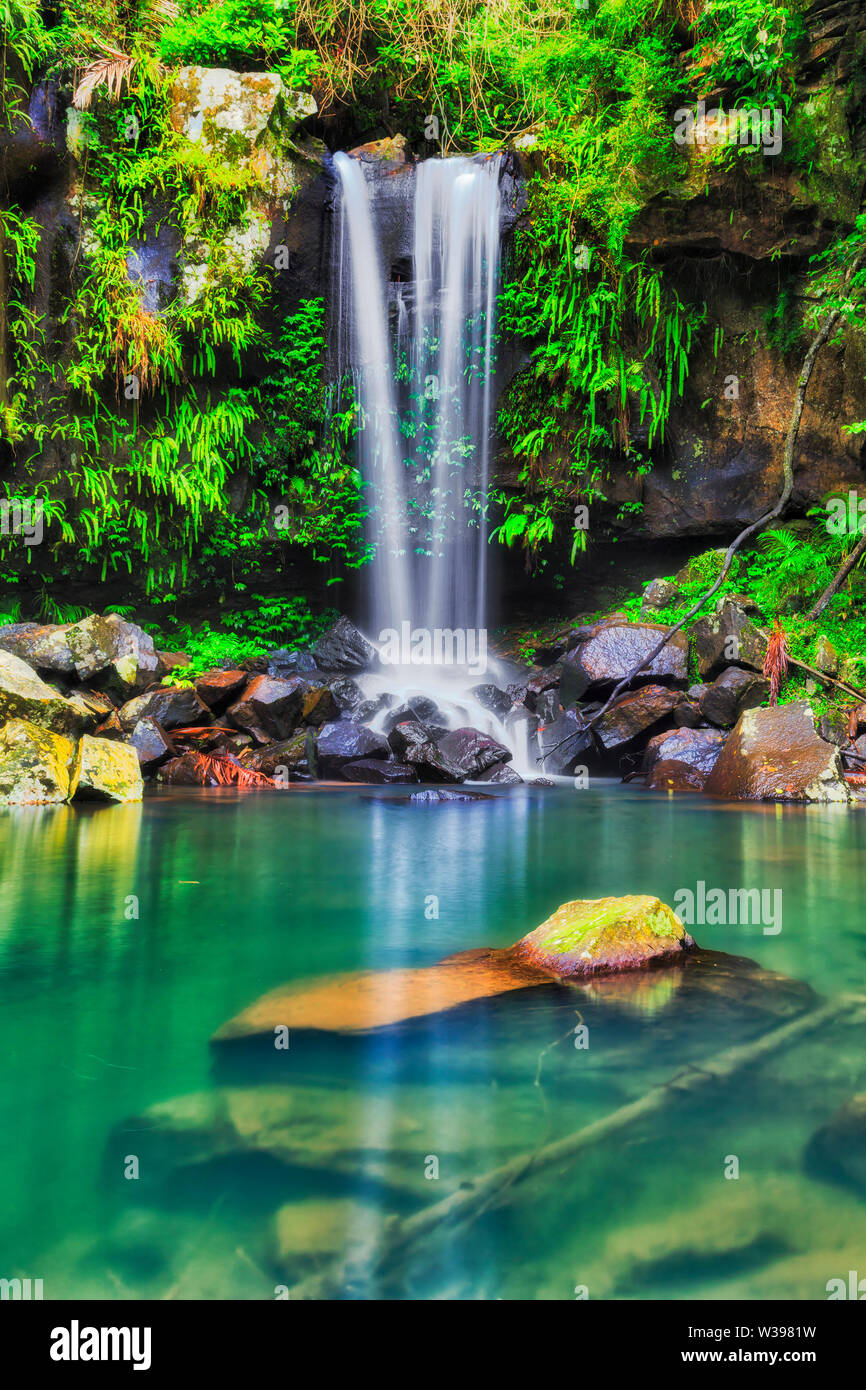 Stream of Tamborine mountain national park waterfall falling down to a