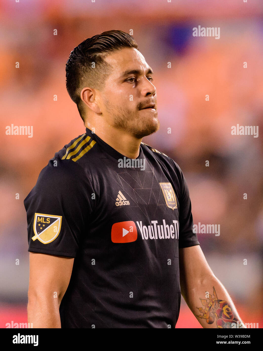 Houston, Texas, USA. 12th July, 2019. Los Angeles FC forward Rodolfo Zelaya  (22) during a match between Los Angeles FC and Houston Dynamo at BBVA  Stadium in Houston, Texas. At the half