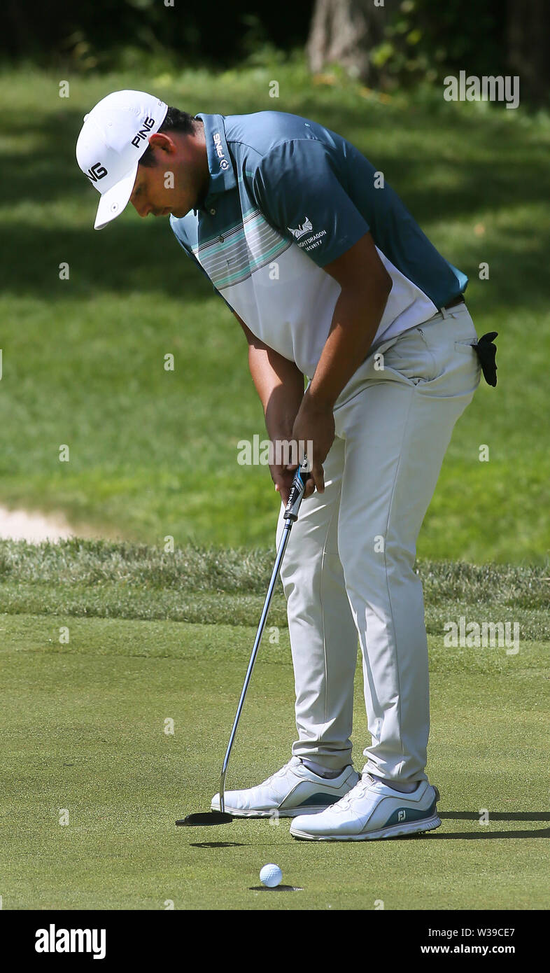 Silvis, Iowa, USA. 13th July, 2019. Sebastian Monoz looks makes his putt on the 9th green during the third round of the John Deere Classic at TPC Deere Run in Silvis, Illinois Saturday, July 13, 2019. Credit: Kevin E. Schmidt/Quad-City Times/ZUMA Wire/Alamy Live News Stock Photo