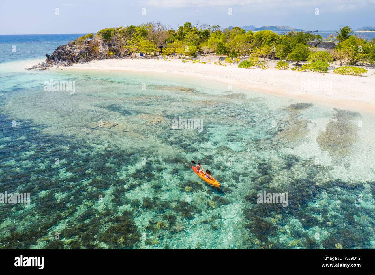 Couple kayaking on a tropical beach with blue water and palm trees ...