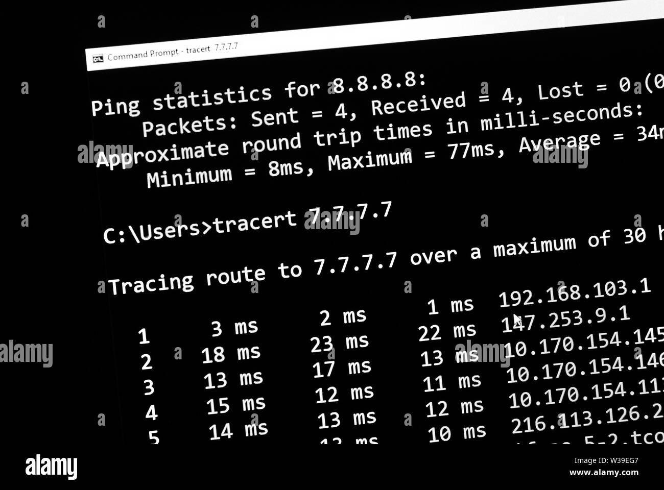 traceroute network test command on a screen, close up Stock Photo Alamy