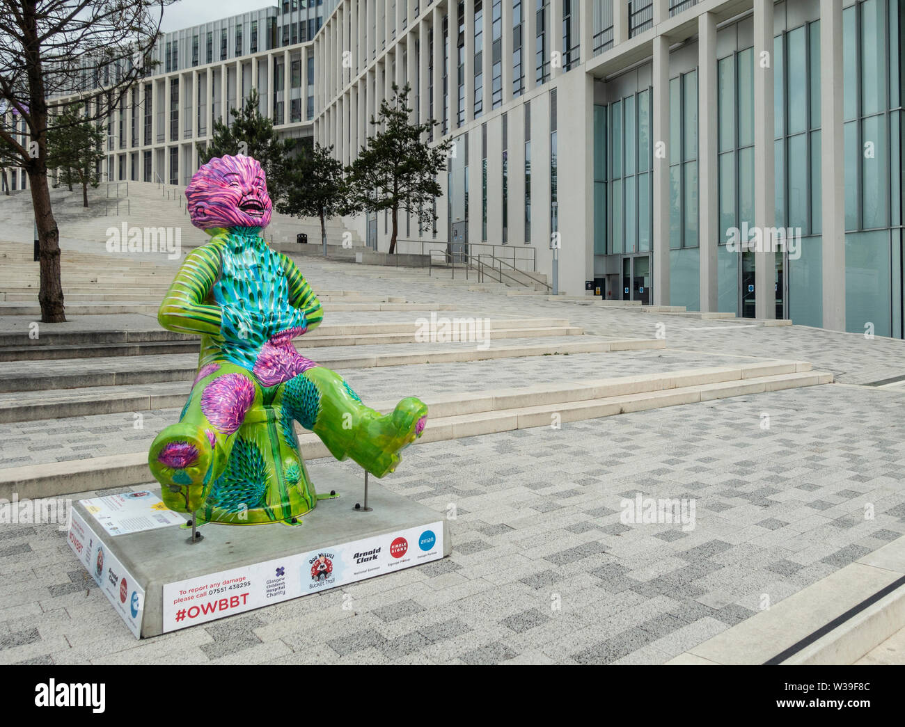 Oor Thistle, a mashup of Oor Wullie and Scotland's emblem, the thistle, by Tanya Mahon, Oor Wullie's Big Bucket Trail 2019 Stock Photo