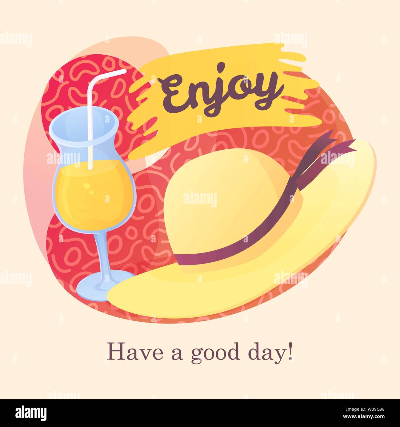 Summer card with orange cocktail and straw hat. Stock Vector