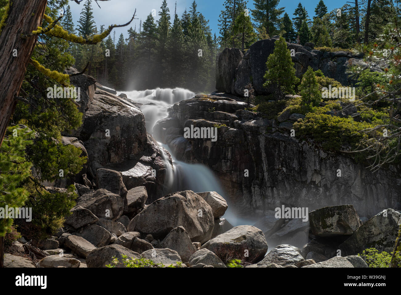 Bassi Falls at the Eldorado National Forest, California, USA, in the beginning of the summer of 2019, viewed close, long exposure Stock Photo