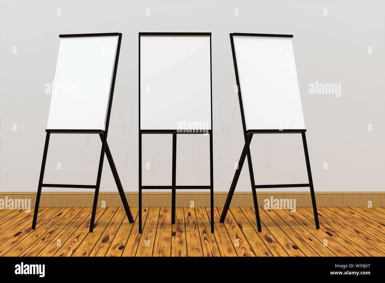 The blank easel board with wooden floor background, 3d rendering