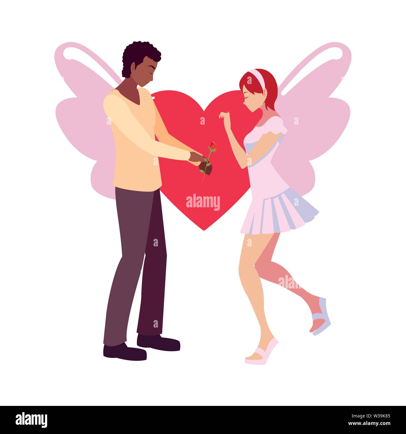 couple romantic flowers heart love wings vector illustration Stock ...