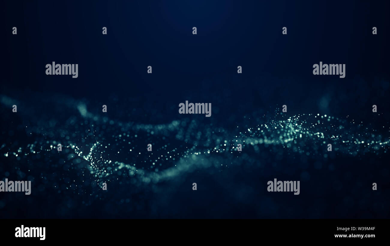 Abstract digital blue color wave with flowing small particles dance ...