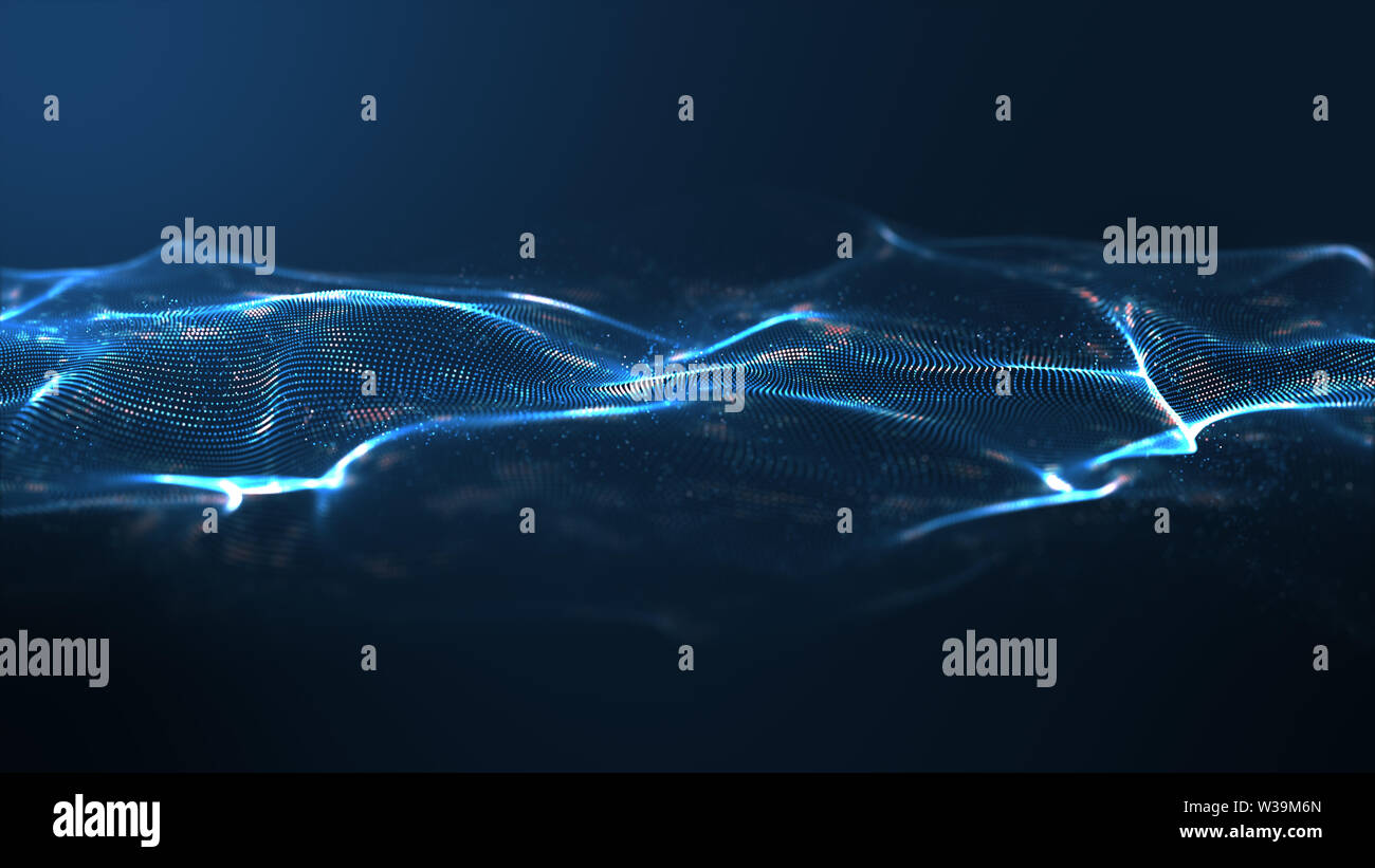 Abstract digital blue color wave with flowing small particles dance ...