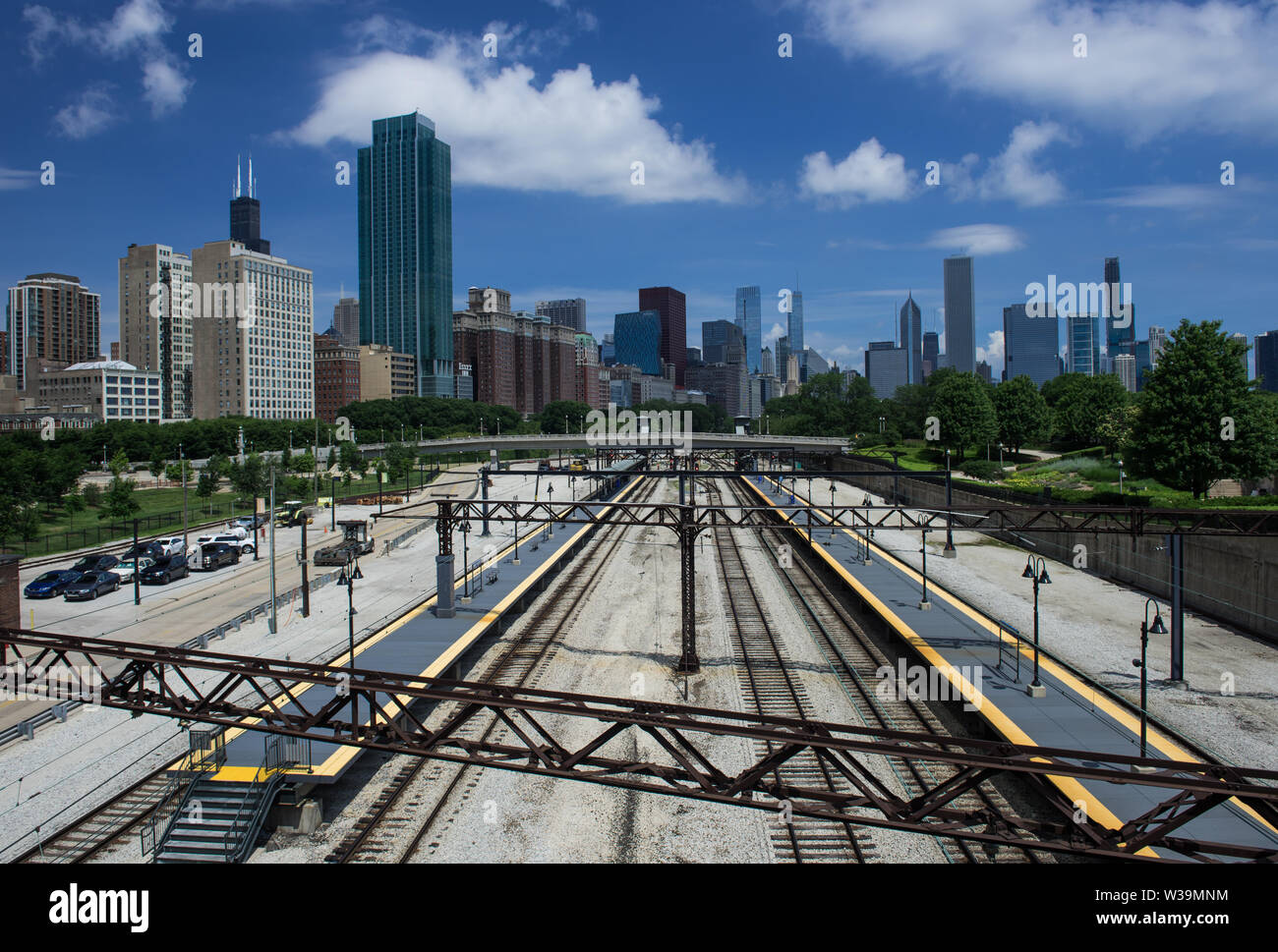 View of Central station and downtown chicago city skyline Stock Photo