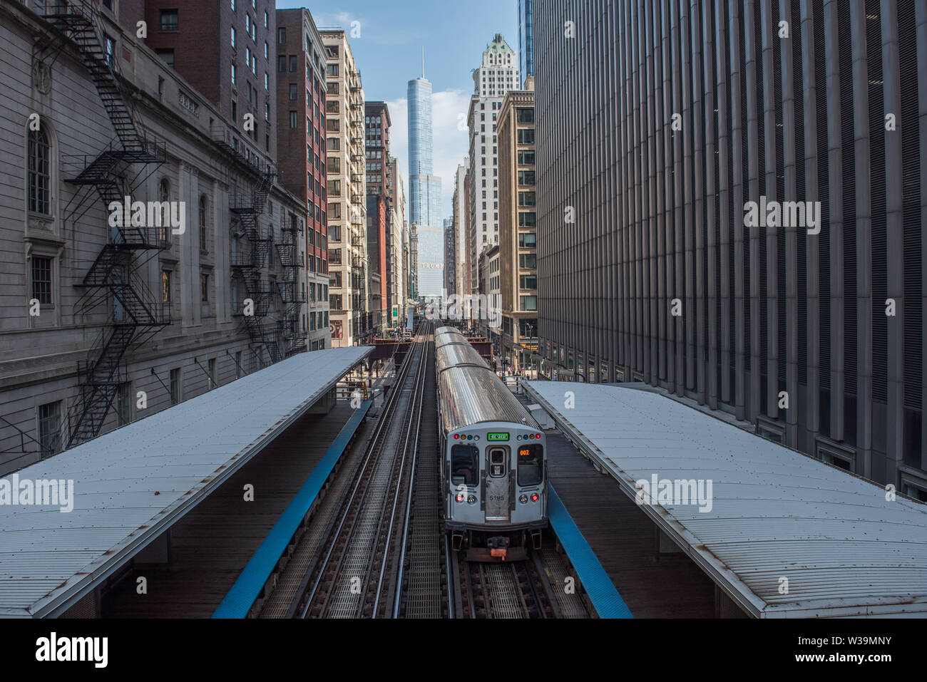 view of Chicago EL train and trump tower from adams/Wabash station Stock Photo