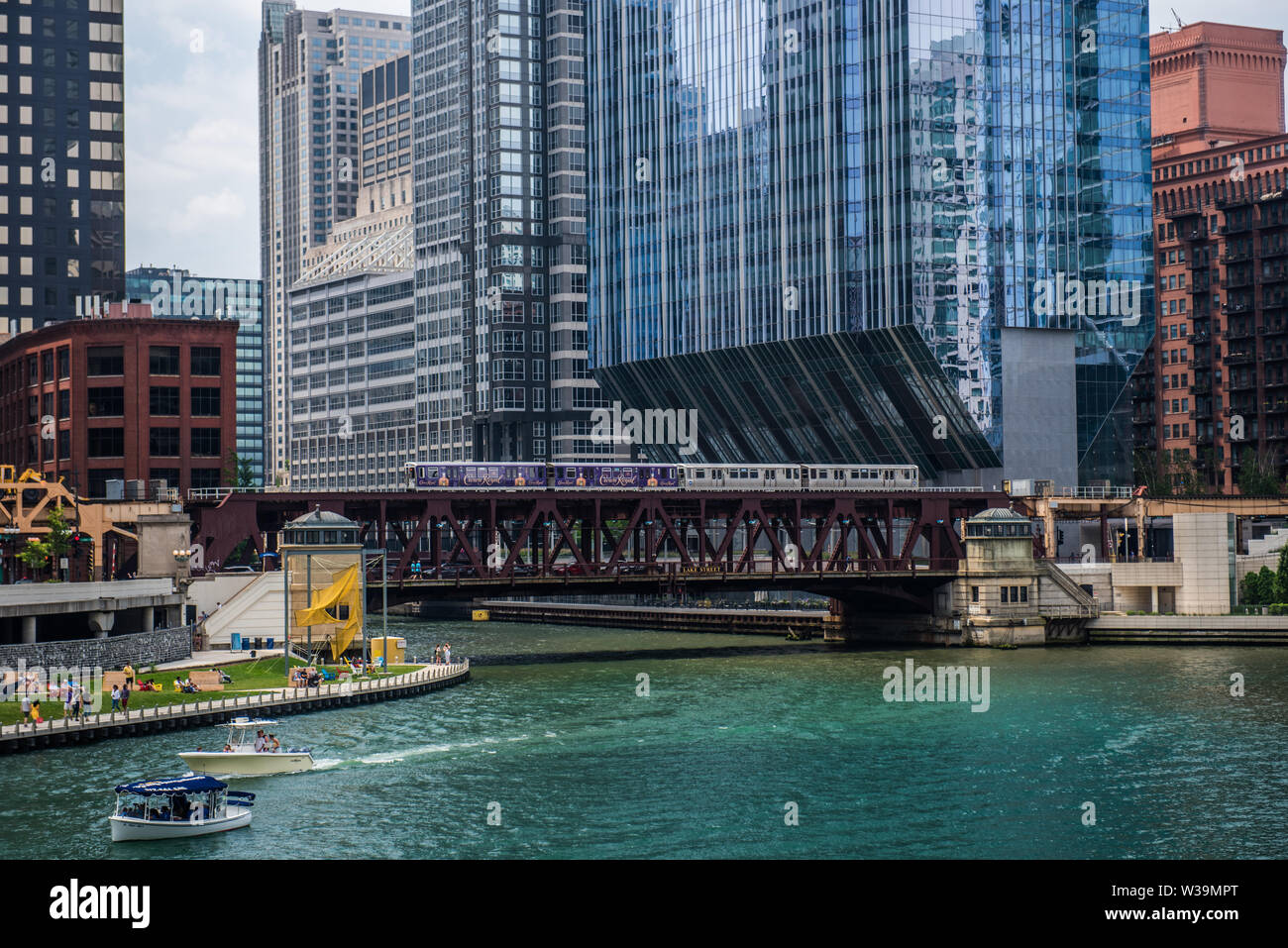 view of Chicago EL train,  river and west lake street bridge from Franklin–Orleans Street Bridge Stock Photo