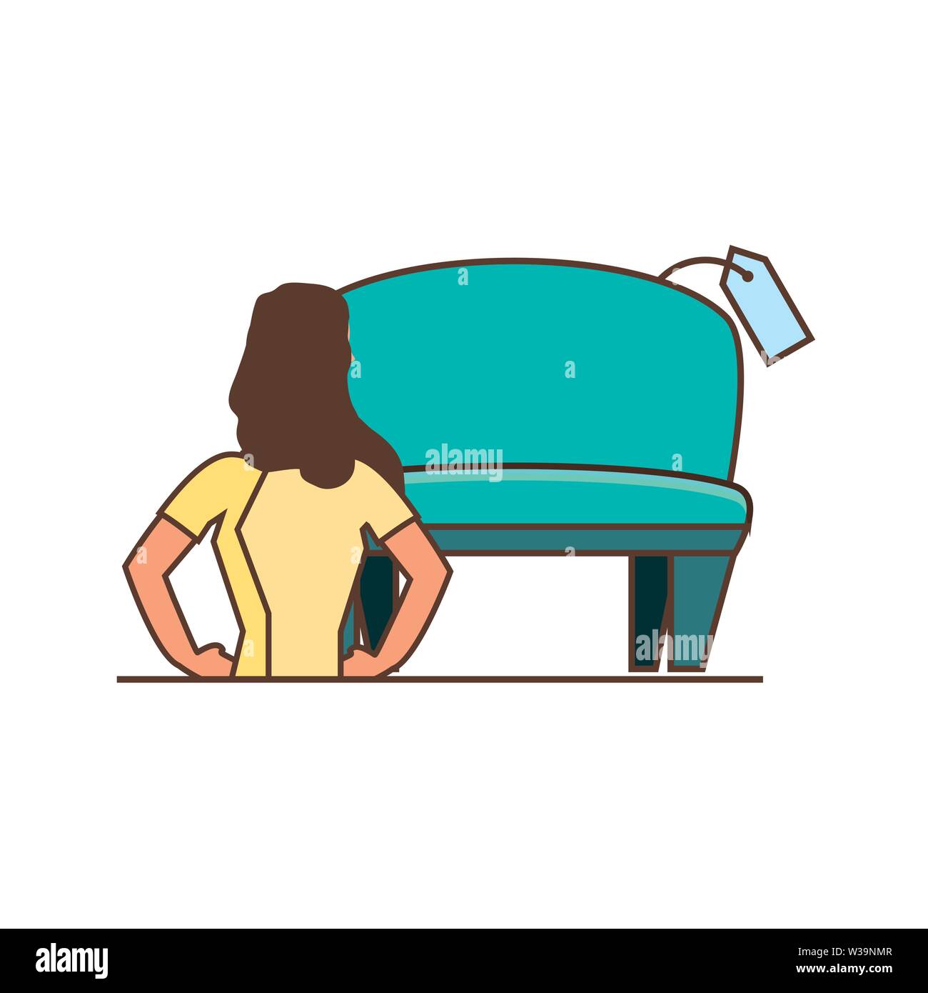 beautiful young woman with sofa and price tag vector illustration