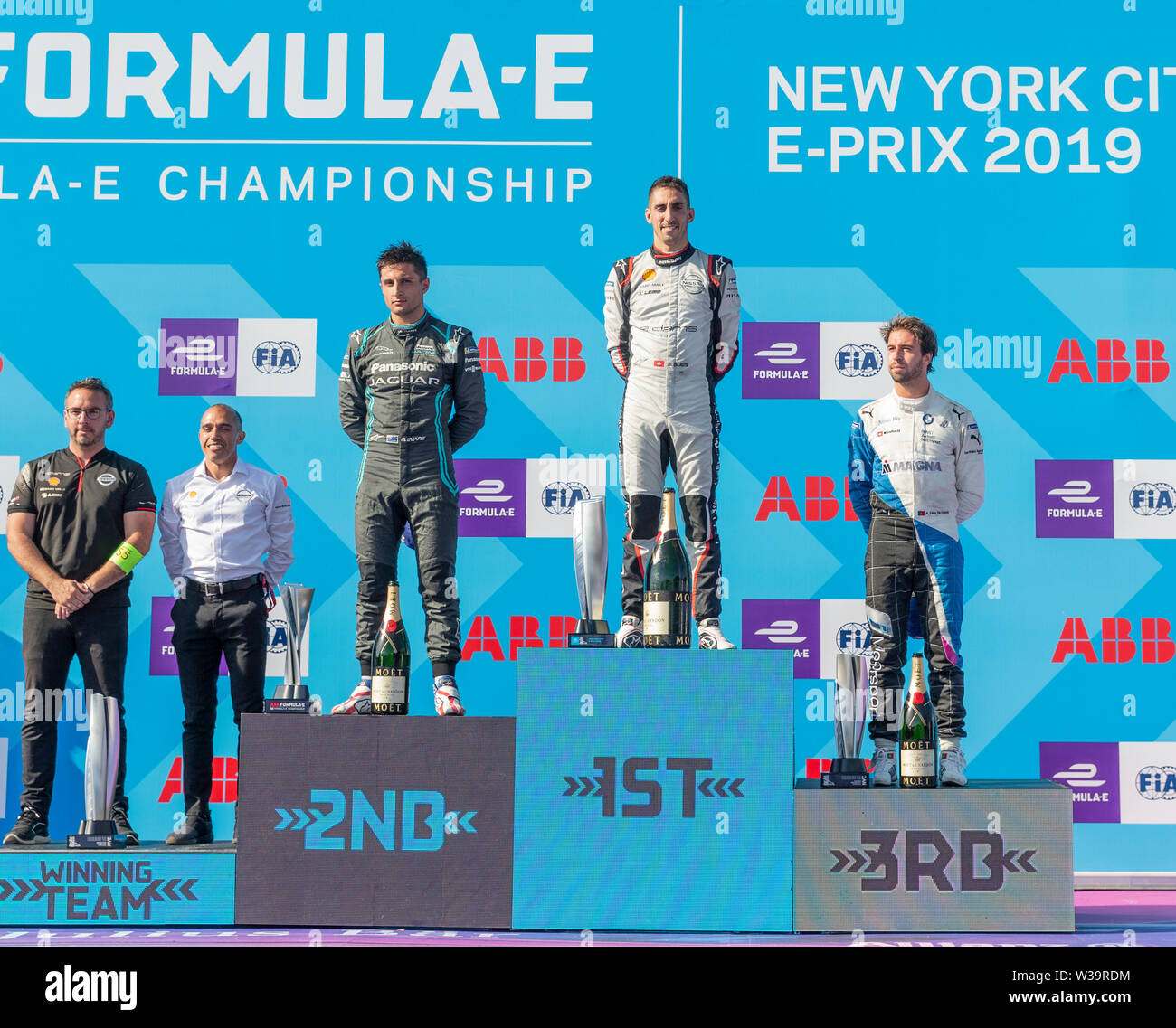 New York, NY - July 13, 2019: Trophy presentation after New York City E-Prix 2019 Formula E Round 12 at Red Hook Stock Photo