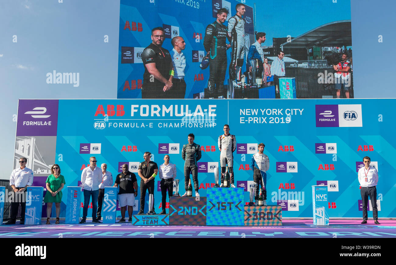 New York, NY - July 13, 2019: Trophy presentation after New York City E-Prix 2019 Formula E Round 12 at Red Hook Stock Photo