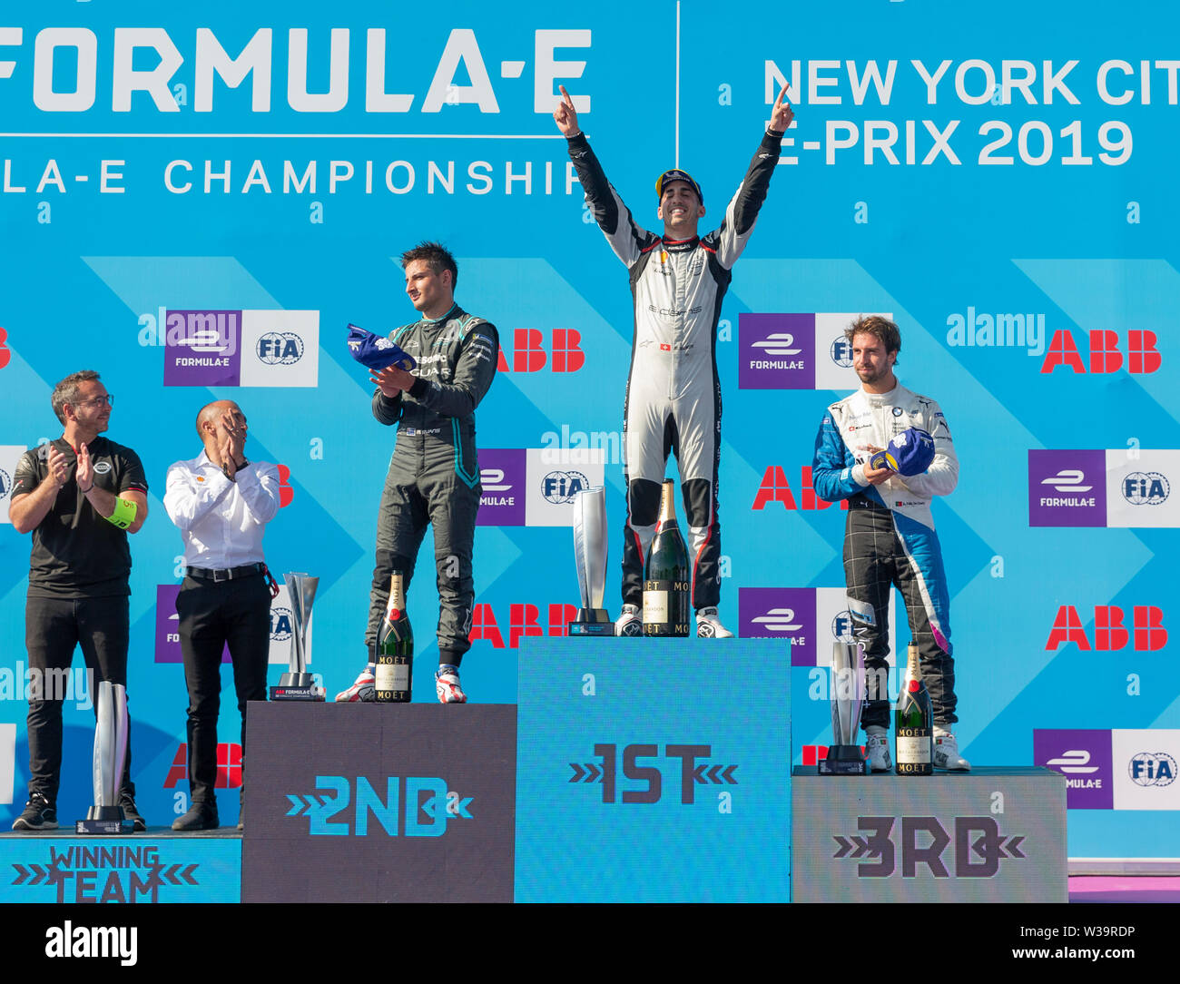 New York, NY - July 13, 2019: Trophy presentation after New York City E-Prix 2019 Formula E Round 12 at Red Hook Stock Photo