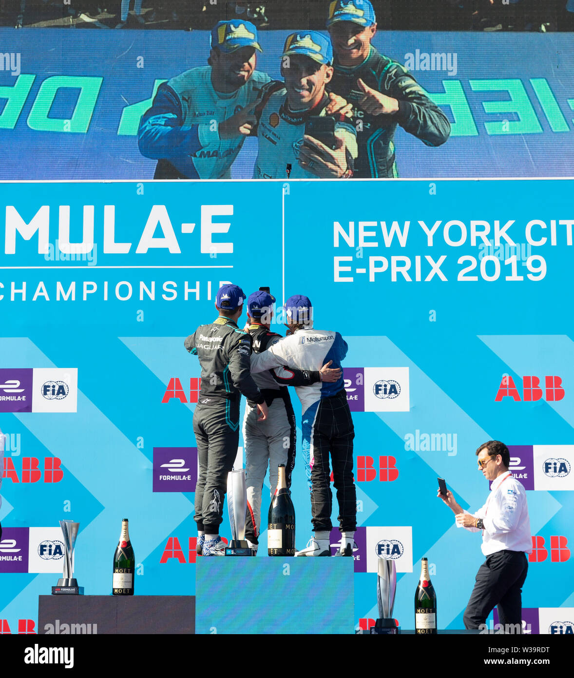New York, NY - July 13, 2019: Trophy presentation after New York City E-Prix 2019 Formula E Round 12 at Red Hook Stock Photo