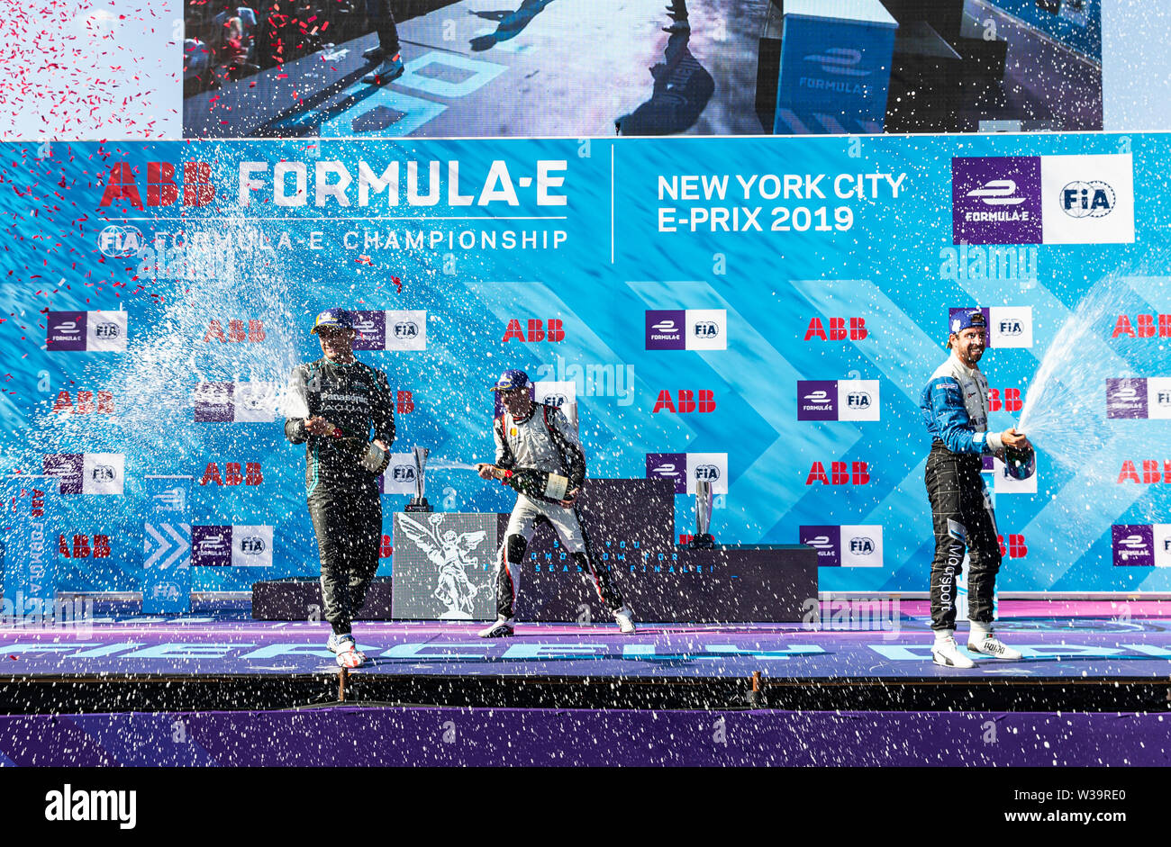 New York, NY - July 13, 2019: Trophy presentation after New York City E-Prix 2019 Formula E Round 12 at Red Hook Stock Photo