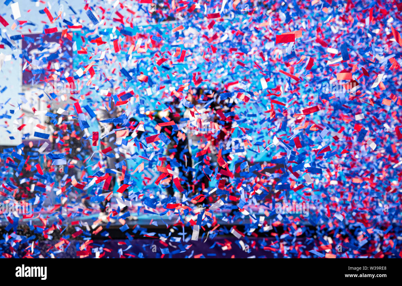 New York, NY - July 13, 2019: Trophy presentation after New York City E-Prix 2019 Formula E Round 12 at Red Hook Stock Photo