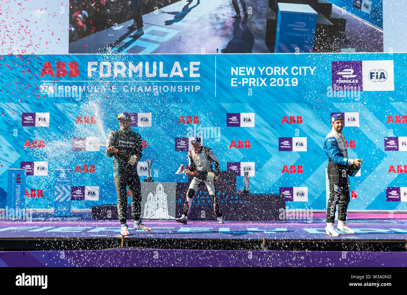 New York, USA. 13th July, 2019. Trophy presentation after New York City E-Prix 2019 Formula E Round 12 at Red Hook Credit: Lev Radin/Pacific Press/Alamy Live News Stock Photo