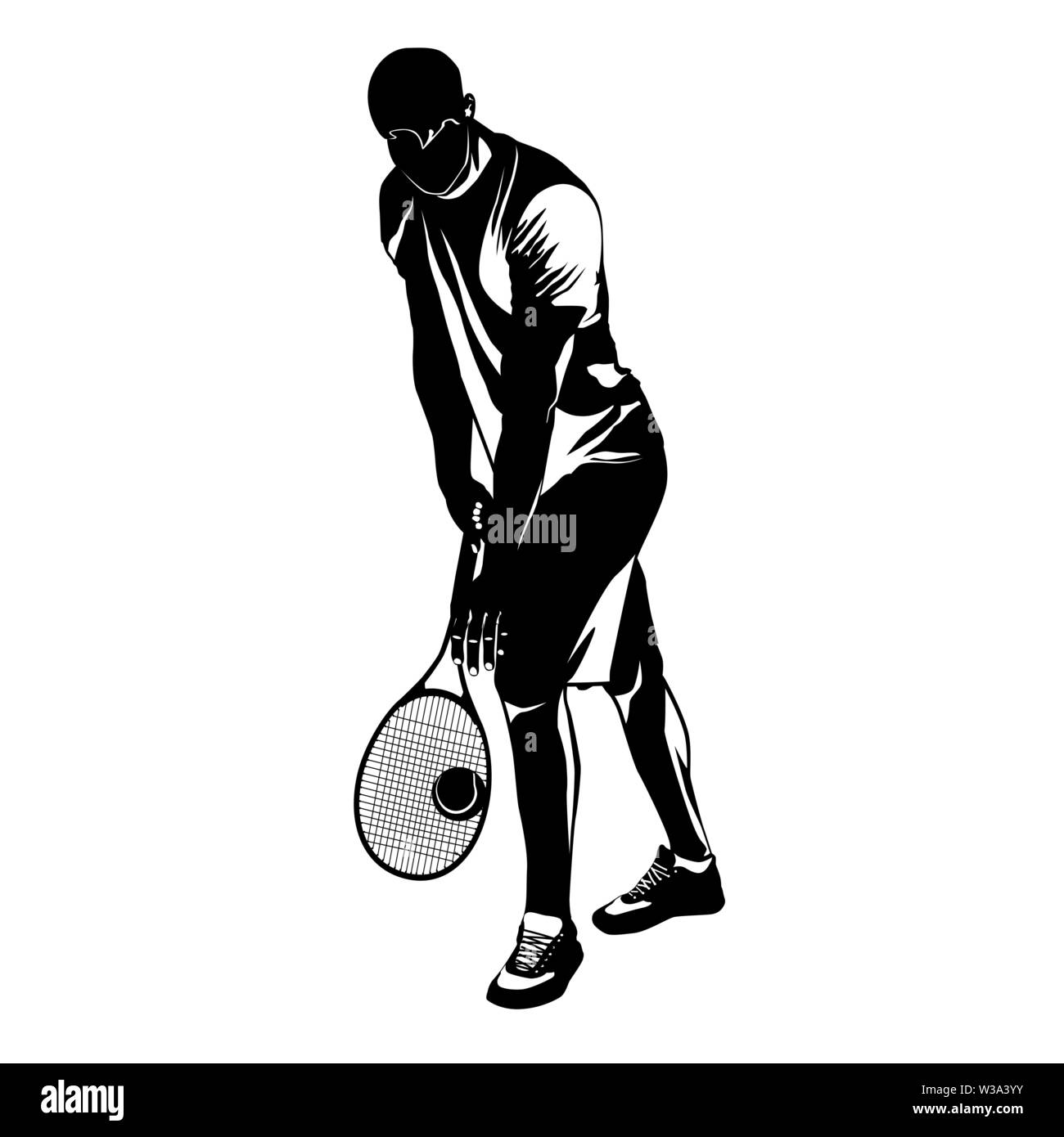 Tennis player black silhouette on white background, vector illustration Stock Vector