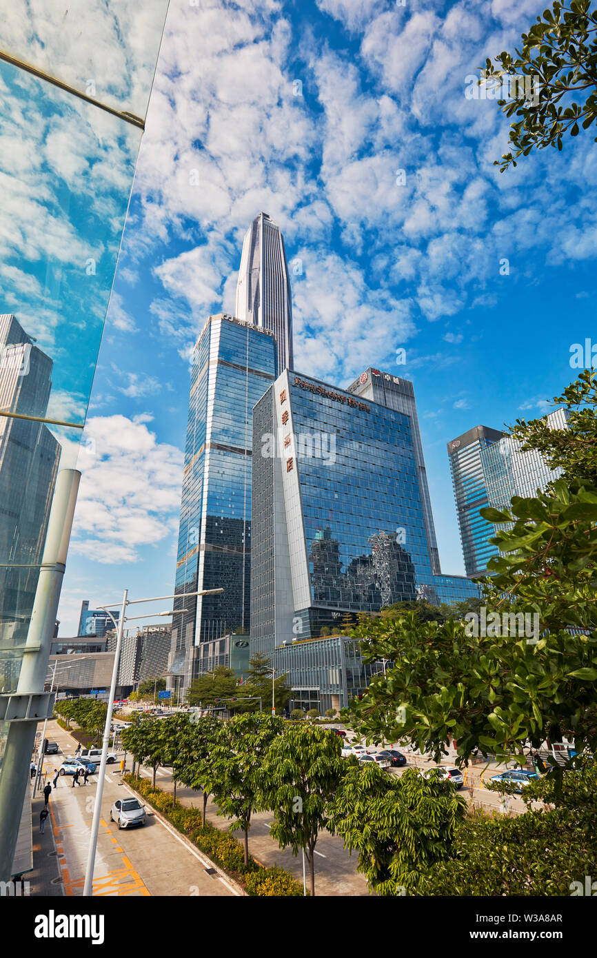 High-rise buildings in Futian Central Business District (CBD). Shenzhen, Guangdong Province, China. Stock Photo