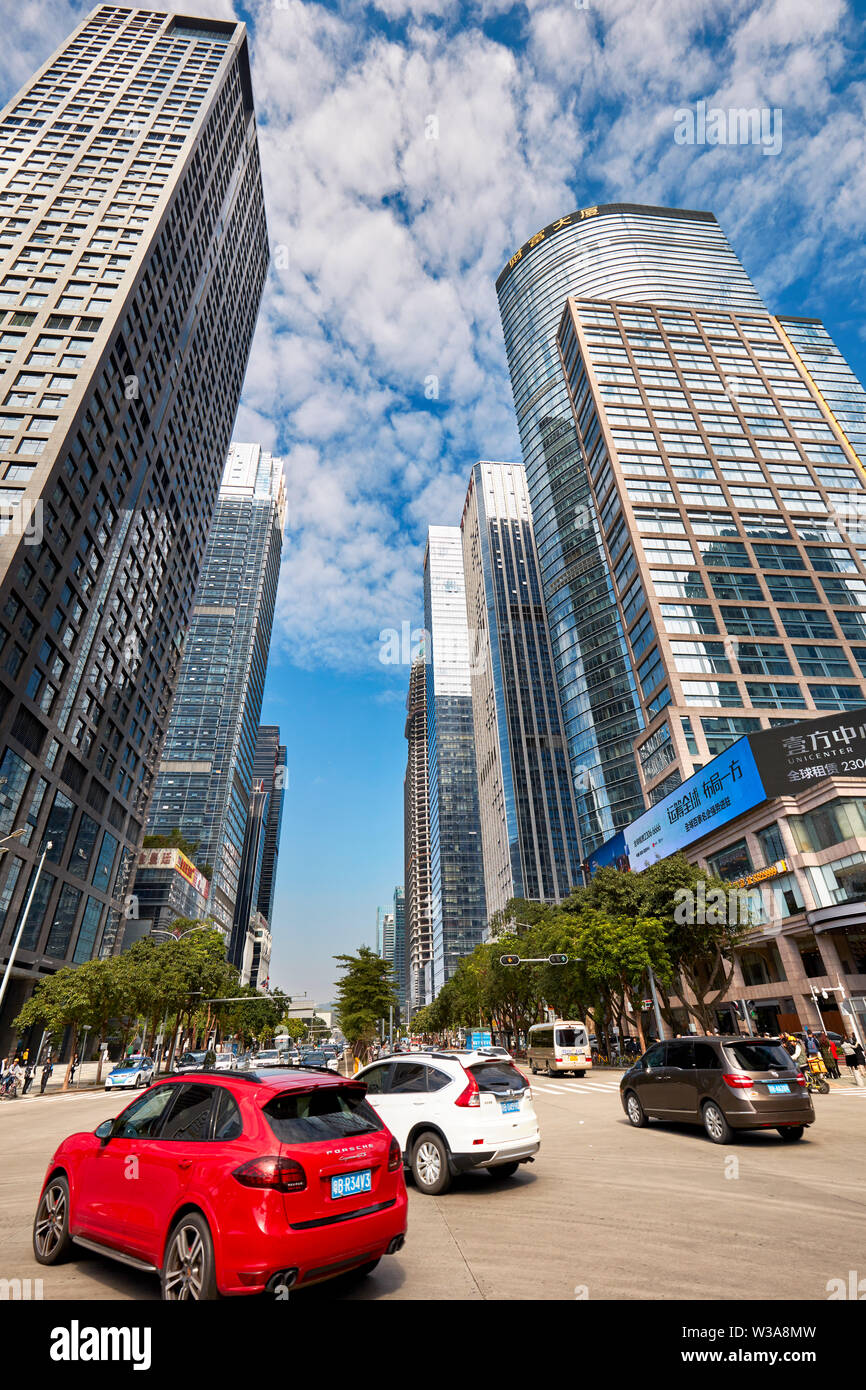 High-rise buildings in Futian Central Business District (CBD). Shenzhen, Guangdong Province, China. Stock Photo