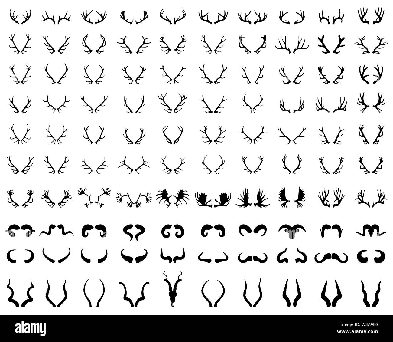 Black silhouettes of different horns on a white background Stock Photo