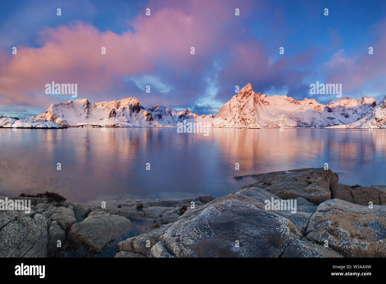 Scenic Fjord On Lofoten Islands, Reine, Norway. First Snow In Mountains ...