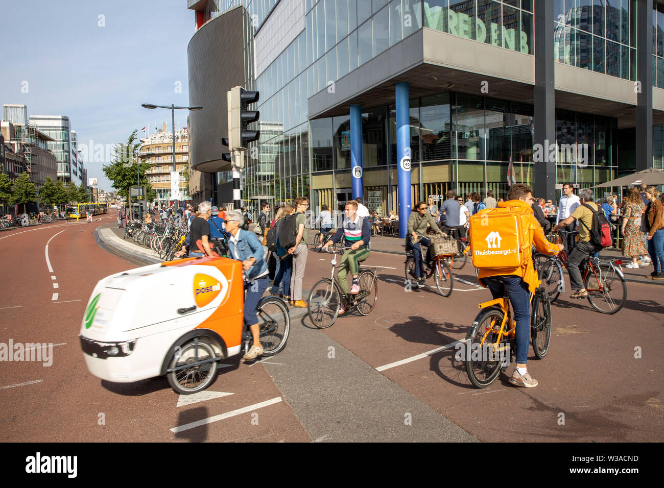 Utrecht, the Netherlands, bicycle traffic in the city center, 60% of Utrecht come by bike in the city, bike path, bike path, Vredenburg way, Stock Photo