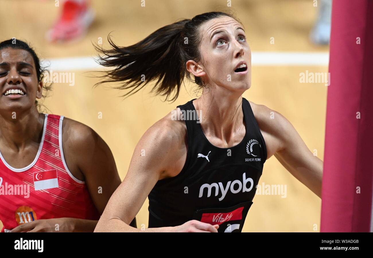 Liverpool, UK. 14 July 2019. Bailey Mes (New Zealand) during the Preliminary game between New Zealand and Singapore at the Netball World Cup. M and S arena, Liverpool. Merseyside. UK. Credit Garry Bowdenh/SIP photo agency/Alamy live news. Stock Photo