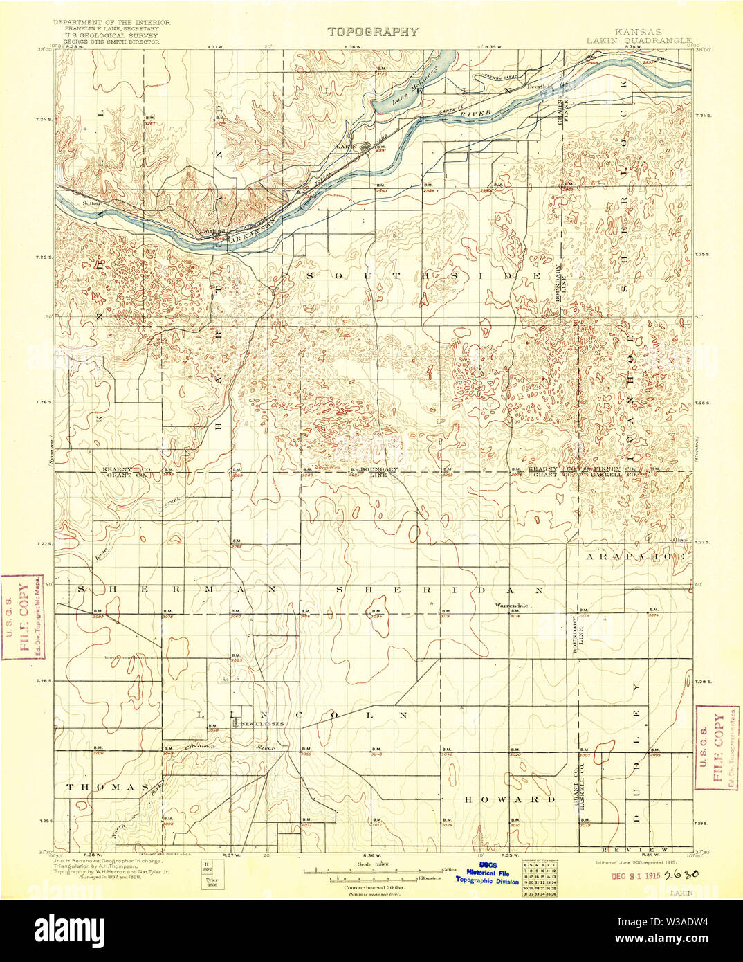 USGS TOPO Map Kansas KS Lakin 122581 1900 125000 Restoration Stock Photo