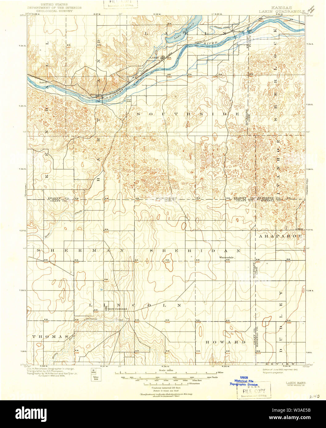 USGS TOPO Map Kansas KS Lakin 801838 1900 125000 Restoration Stock Photo
