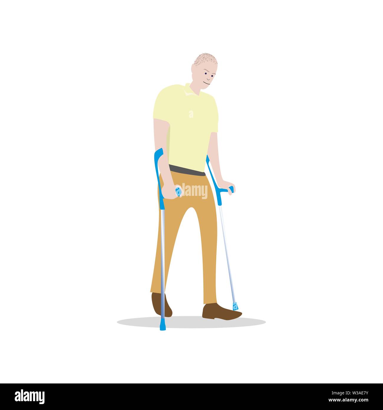 Man on crutches isolated on white. Person with disabilities. Handicapped man walk on crutches. vector patient invalid, guy with injured used stick for Stock Vector
