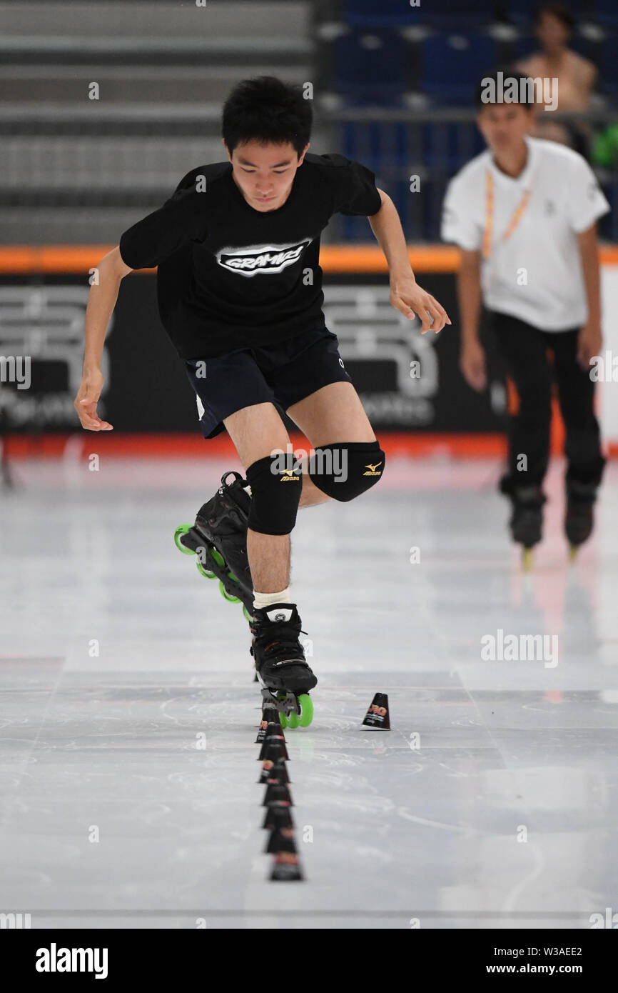 EJIMA TOMOYUKI from Japan, performs in Speed Slalom for Junior Men Inline Freestyle, WORLD ROLLER GAMES 2019, at Palau Sant Jordi, on July 12, 2019 Barcelona, Spain. Credit: Raniero Corbelletti/AFLO/Alamy Live News Stock Photo