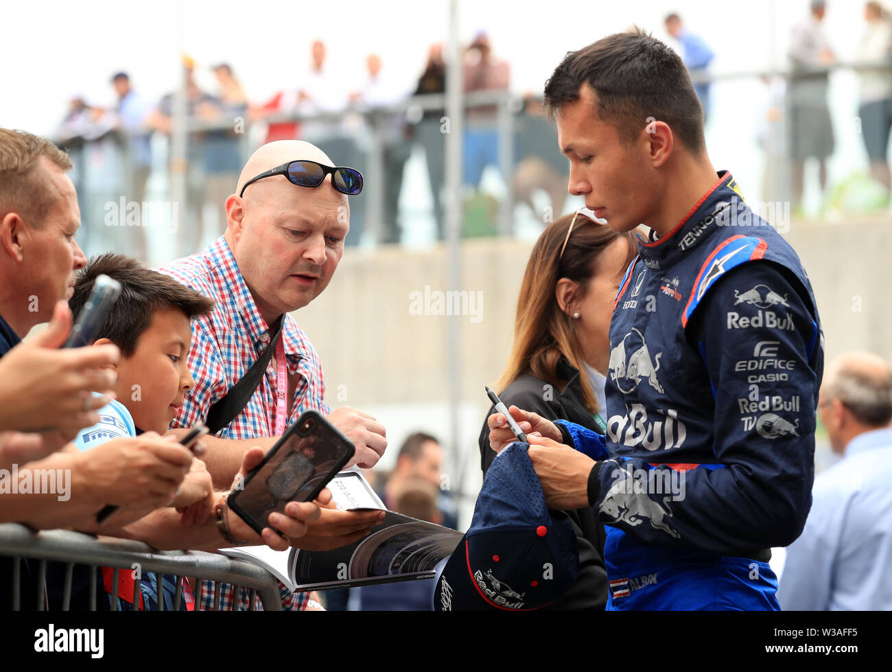 Torro Rosso river Alexander Albon after qualifying for the British Grand Prix at Silverstone, Towcester. Stock Photo