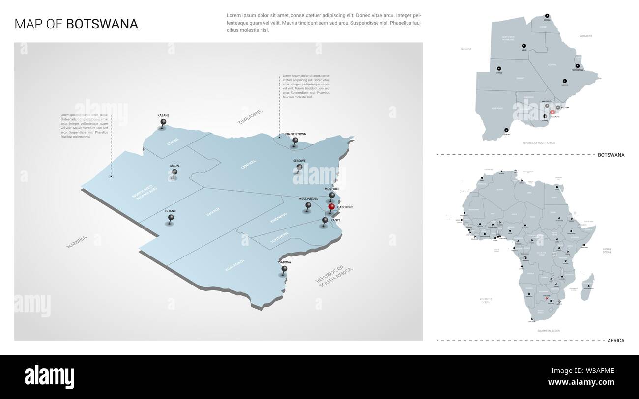 Vector set of Botswana country. Isometric 3d map, Botswana map, Africa map with region, state