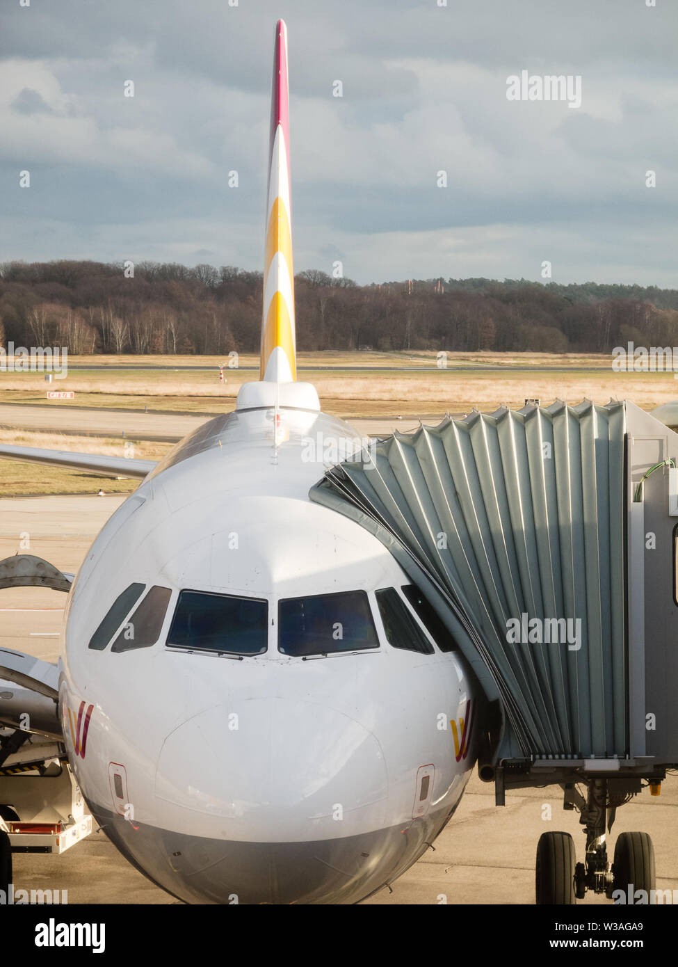 Cologne, Airbus aircraft at Cologne Bonn Airport Terminal, Wahn, Wahnheide, Germany, Western Europe Stock Photo
