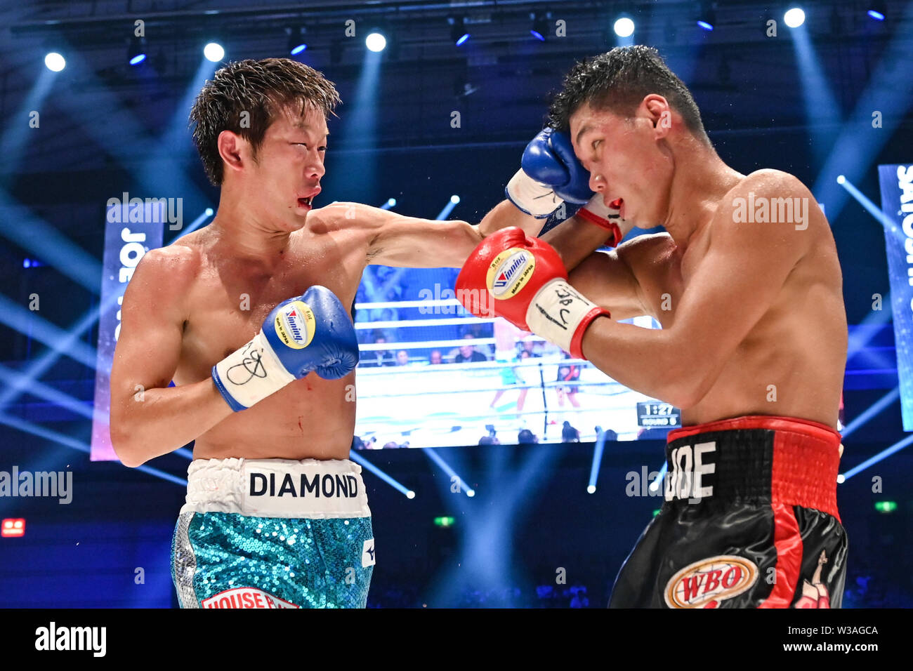 Satoshi Shimizu of Japan fights against Joe Noynay of Philippines during the fifth round of the WBO Asia Pacific Super Featherweight title bout at Edion Arena Osaka in Osaka, Japan on July 12. 2019. Credit: Hiroaki Yamaguchi/AFLO/Alamy Live News Stock Photo