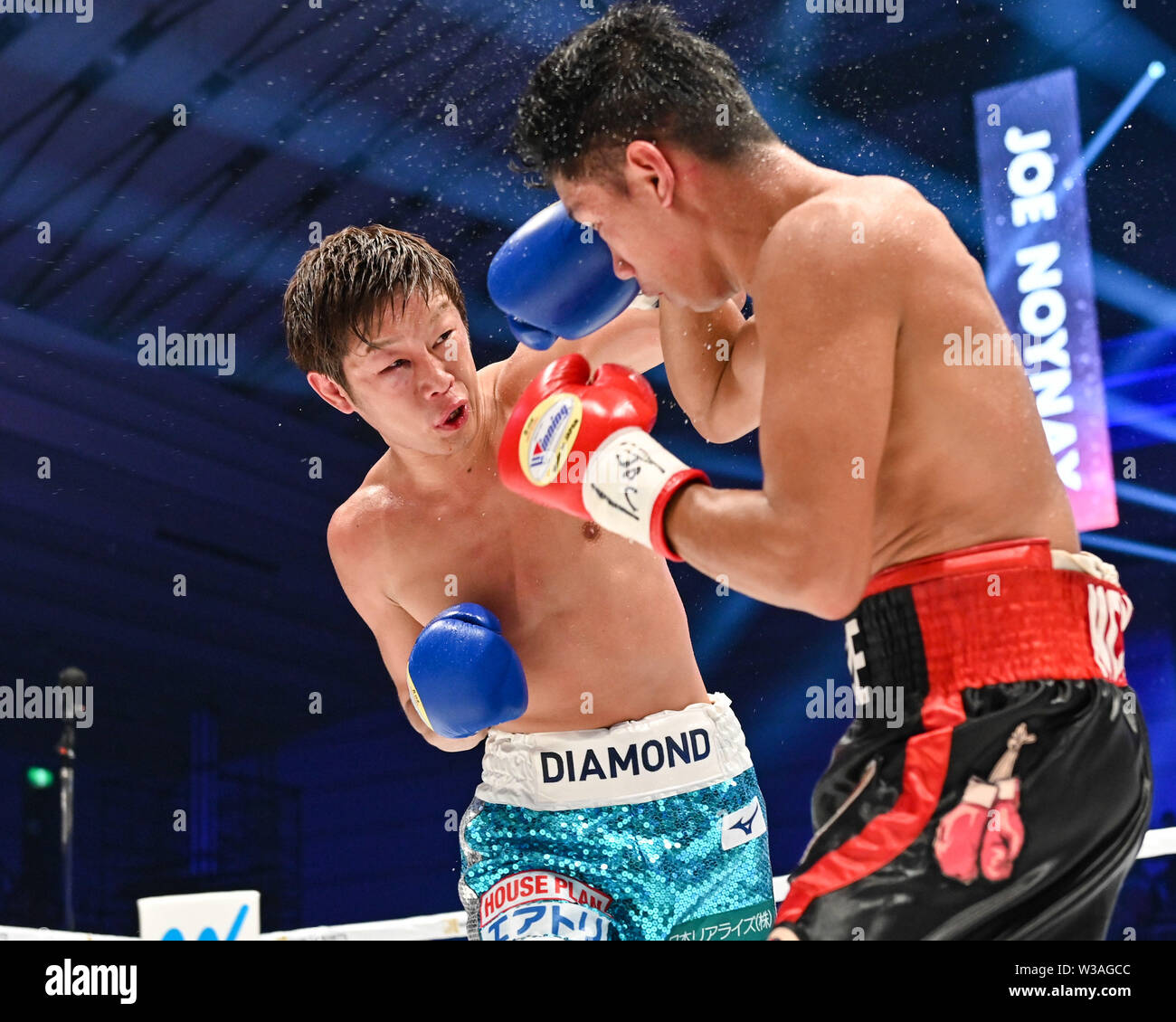 Satoshi Shimizu of Japan fights against Joe Noynay of Philippines during the fourth round of the WBO Asia Pacific Super Featherweight title bout at Edion Arena Osaka in Osaka, Japan on July 12. 2019. Credit: Hiroaki Yamaguchi/AFLO/Alamy Live News Stock Photo