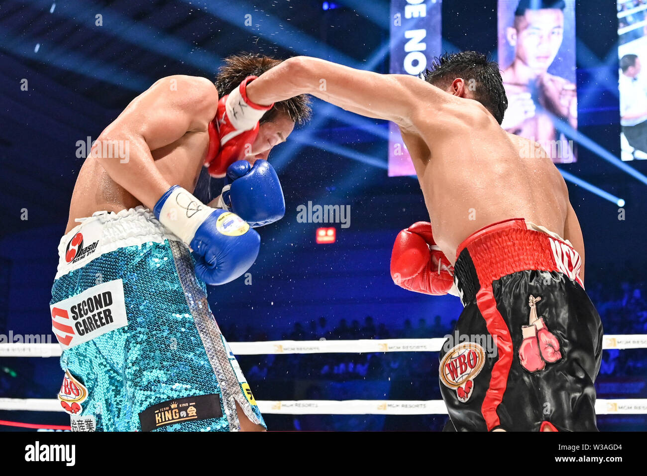 Satoshi Shimizu of Japan fights against Joe Noynay of Philippines during the fifth round of the WBO Asia Pacific Super Featherweight title bout at Edion Arena Osaka in Osaka, Japan on July 12. 2019. Credit: Hiroaki Yamaguchi/AFLO/Alamy Live News Stock Photo