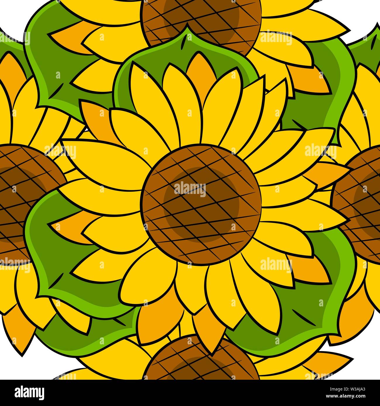 Seamless Pattern Of Sunflowers With Green Leaves Vector Illustration ...