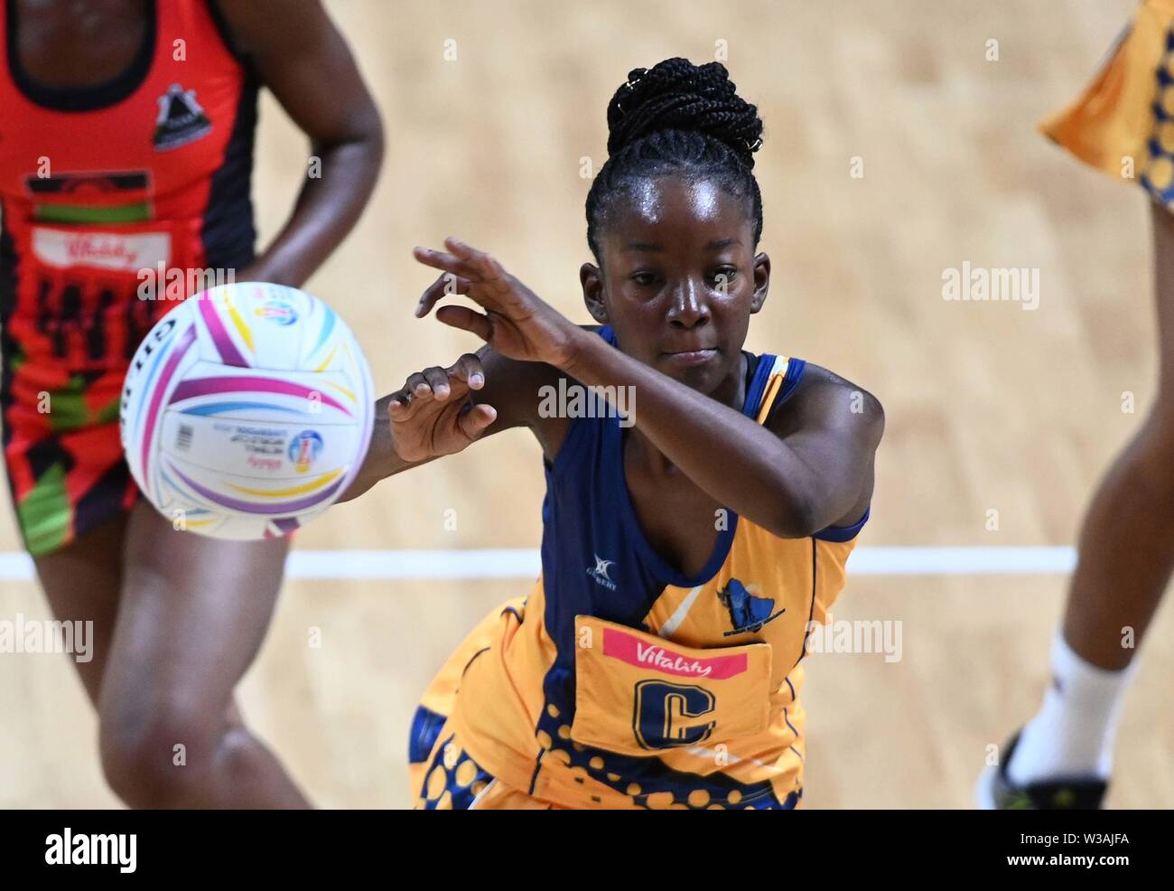 Liverpool, UK. 14 July 2019. Amanda Knight (Barbados) during the Preliminary game between Malawi and Barbados at the Netball World Cup. M and S arena, Liverpool. Merseyside. UK. Credit Garry Bowdenh/SIP photo agency/Alamy live news. Stock Photo