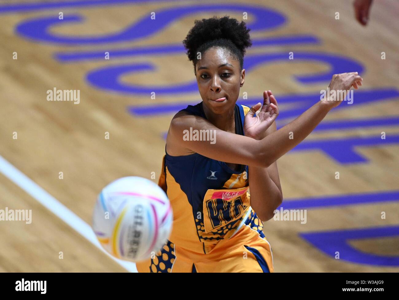 Liverpool, UK. 14 July 2019. Damisha Croney (Barbados) during the Preliminary game between Malawi and Barbados at the Netball World Cup. M and S arena, Liverpool. Merseyside. UK. Credit Garry Bowdenh/SIP photo agency/Alamy live news. Stock Photo
