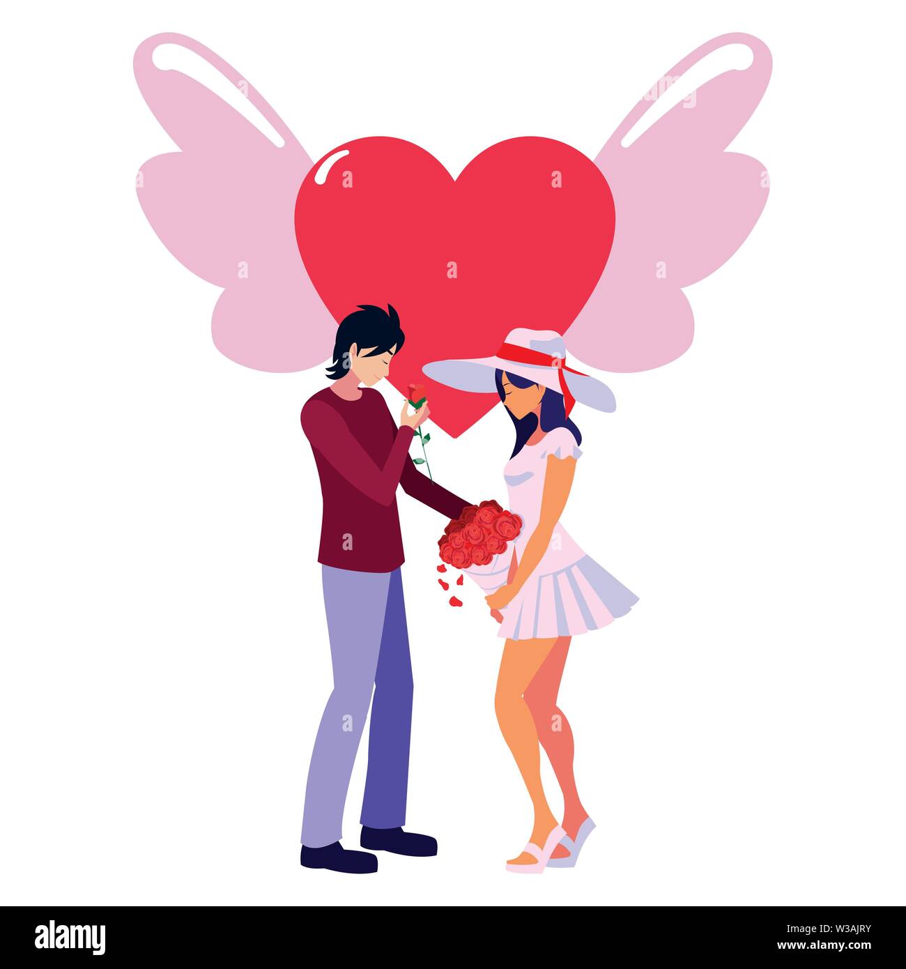 couple romantic flowers heart love wings vector illustration Stock ...