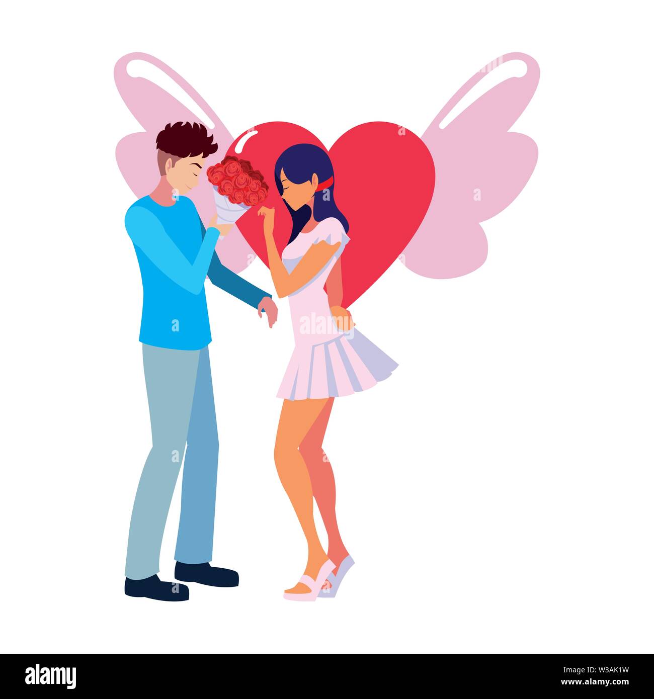 couple romantic flowers heart love wings vector illustration Stock ...