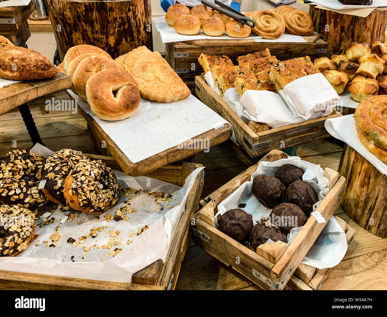 Fresh bake ware in a Turkish bakery, ready to be picked. Stock Photo
