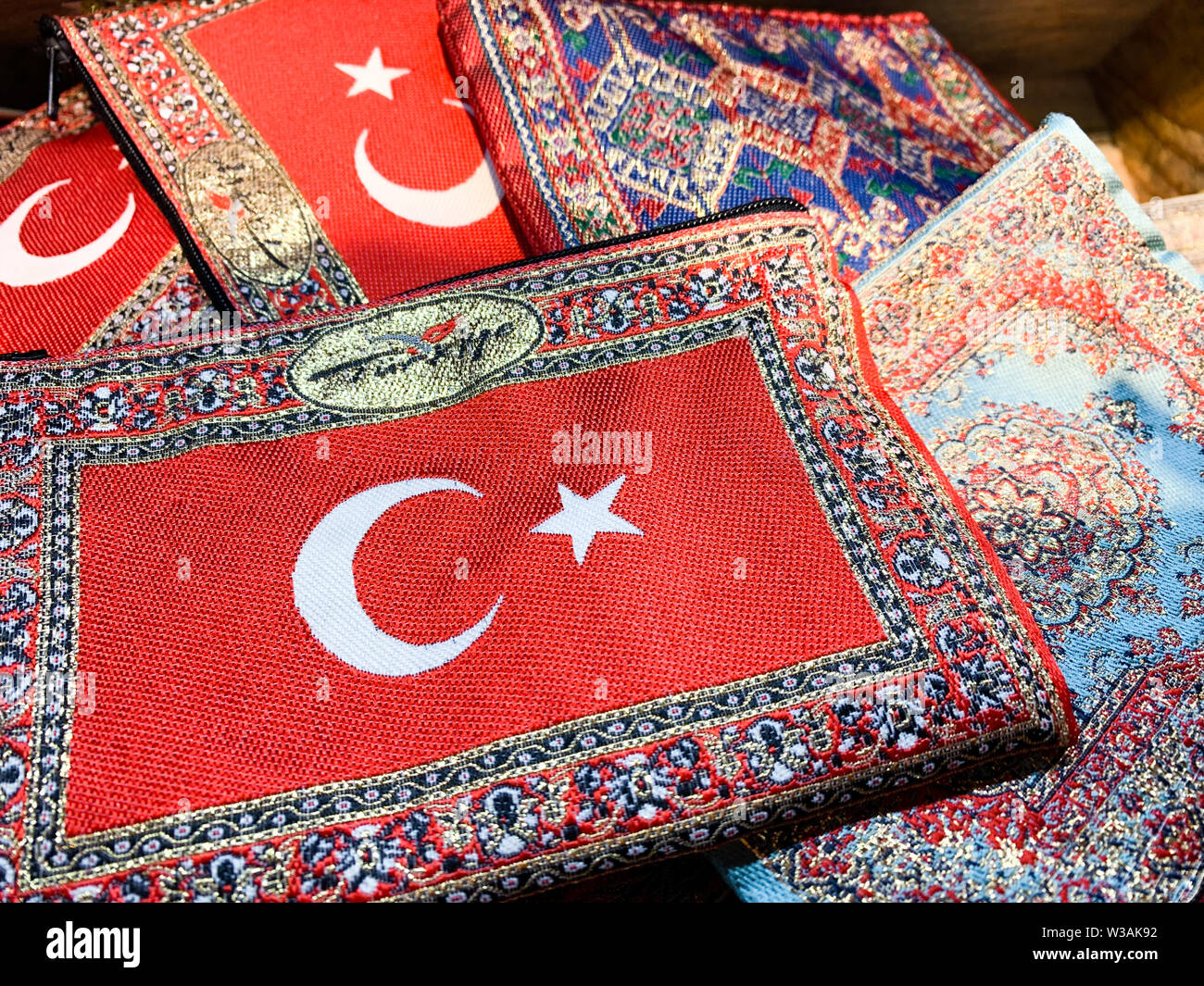 Turkiye is Turkish for the country Turkey. A typical carpet souvenir with the Turkish flag on it to take home from vacation. Stock Photo